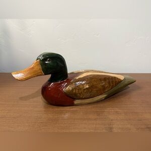 VTG Solid Wood Duck Decoy Hand Carved Painted w/ glass eyes 13” Numbered